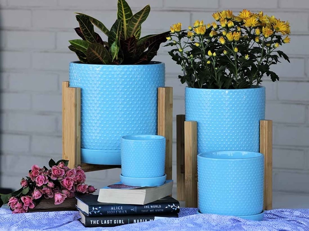 DOTTED CYLINDER PLANTER WITH ATTACHED SAUCER, PASTEL LIGHT BLUE, 11"x11.5", SOLD IN CASE OF 2