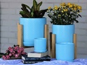 DOTTED CYLINDER PLANTER WITH ATTACHED SAUCER, PASTEL LIGHT BLUE, 11"x11.5", SOLD IN CASE OF 2
