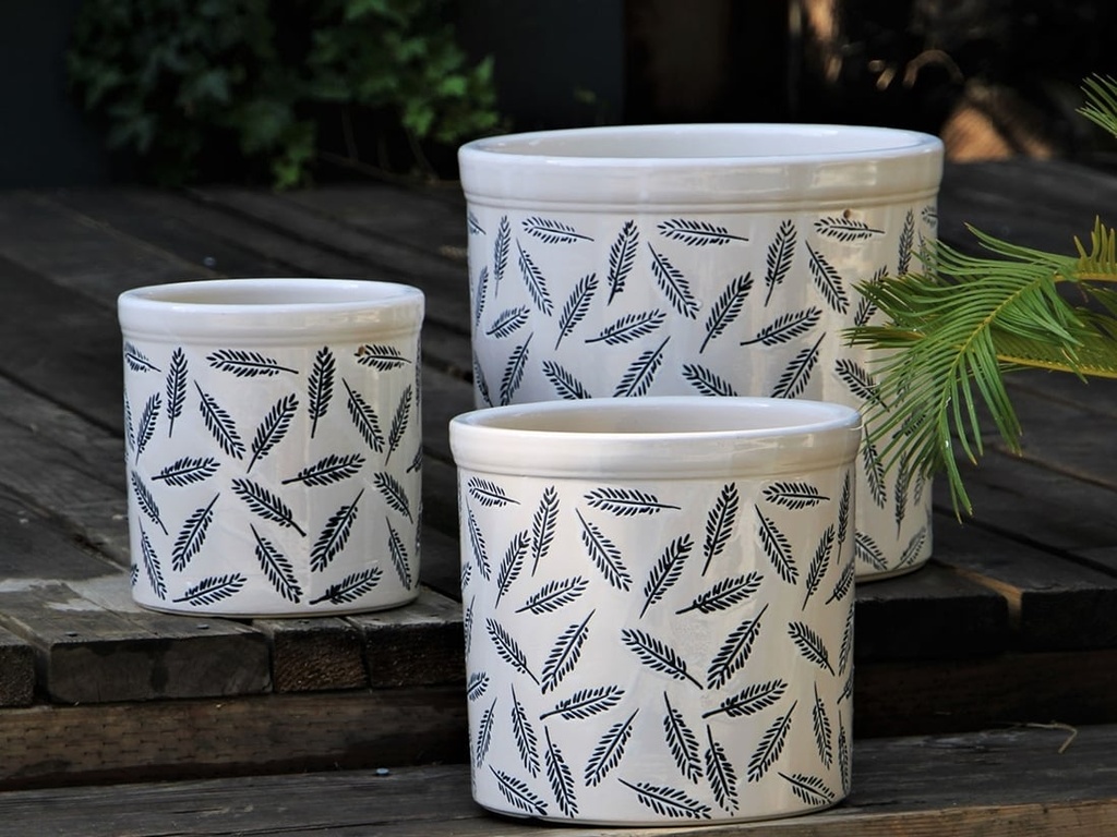 CROCK JAR PLANTER, FEATHER, SET OF 3- 15"X13.5", 12"X12", 10"X9"
