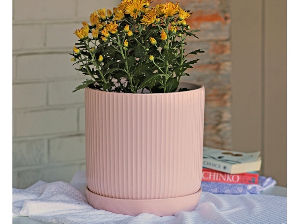 FLUTED CYLINDER PLANTER WITH ATTACHED SAUCER, PASTEL BABY PINK, 11"x11.5", SOLD IN CASE OF 2