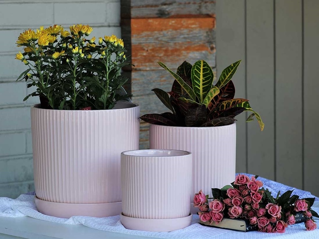 FLUTED CYLINDER PLANTER WITH ATTACHED SAUCER, PASTEL BABY PINK, 7.0"x 7.5", SOLD IN CASE OF 6