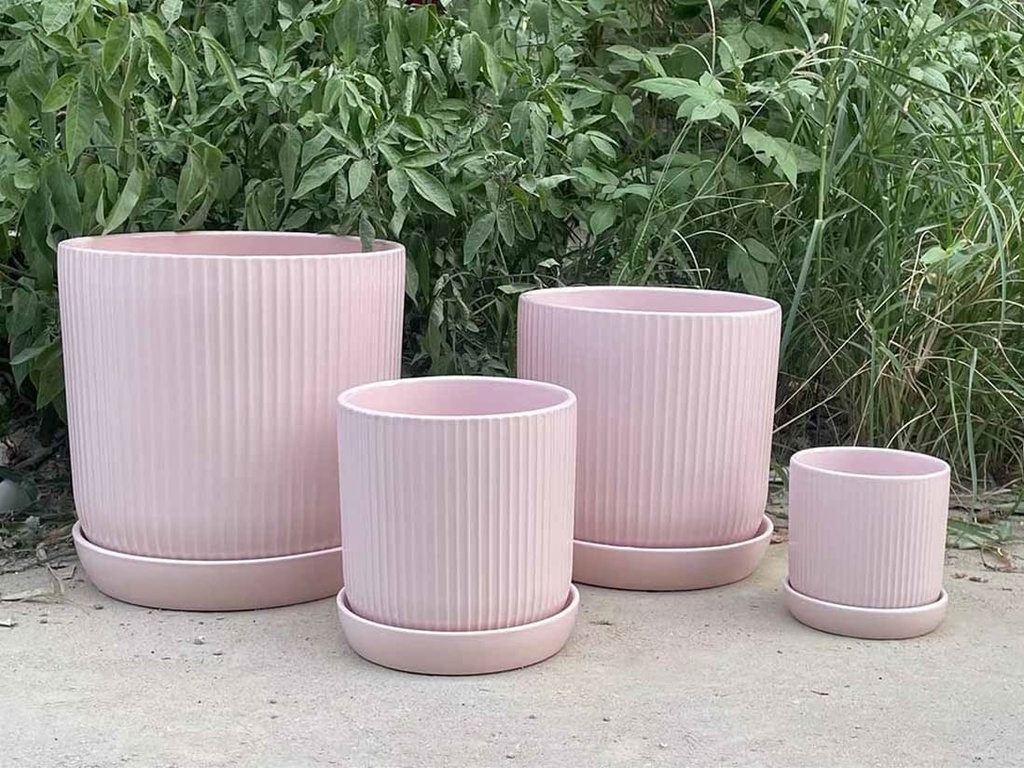 FLUTED CYLINDER PLANTER WITH ATTACHED SAUCER, PASTEL BABY PINK, 5.0"x5.5", SOLD IN CASE OF 8