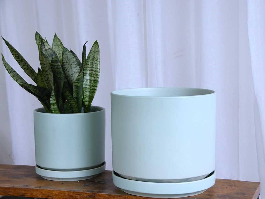 MID MODERN PLANTER WITH DETACHED SAUCER,  TEAL GREEN, 14.0"X12.0", 14.0"X2.5"