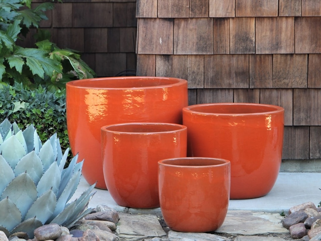 LARGE EGG SHELL POTS, ORANGE, SET OF 4- 22.5"x18", 18"x15", 14"x12", 11.5"x12"