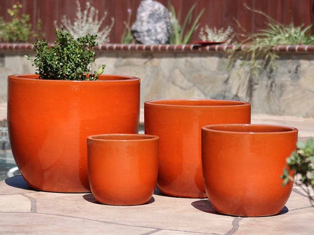 LARGE EGG SHELL POTS, ORANGE, SET OF 4- 22.5"x18", 18"x15", 14"x12", 11.5"x12"