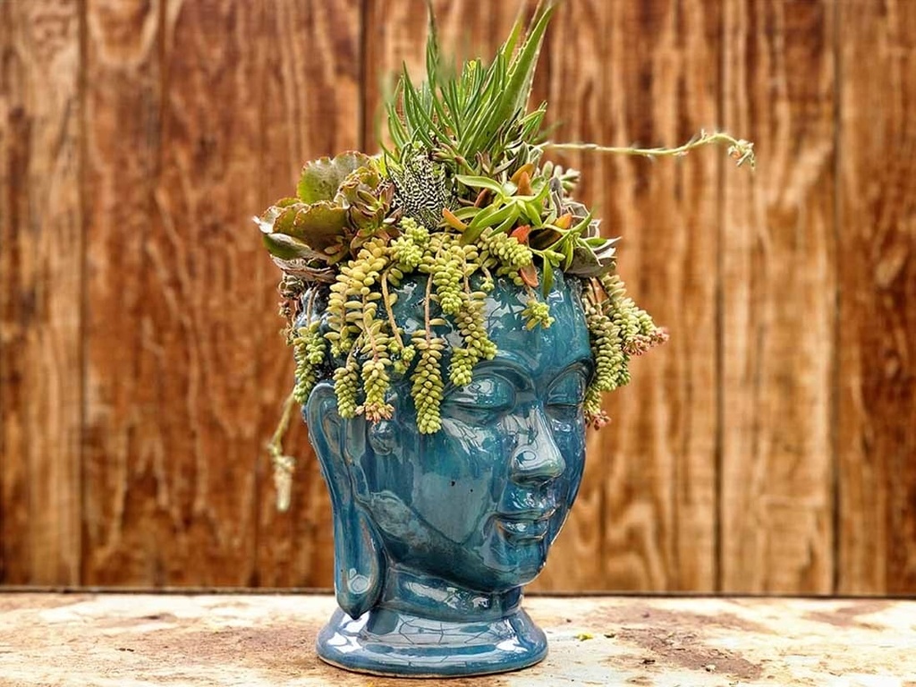 MEDIUM BUDDHA HEAD PLANTER, FALLING AQUA, SIZE B, 13.0"X17.5"