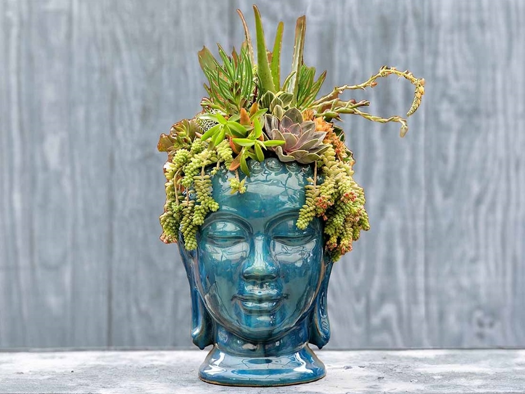 MEDIUM BUDDHA HEAD PLANTER, FALLING AQUA, SIZE B, 13.0"X17.5"