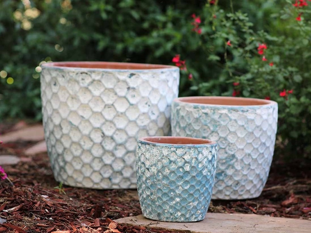 EGG HEXAGON HANDTHROWN, AEGEAN BLUE, SET OF 3- 15"X12.5", 11"X9.5", 7.5"X7"