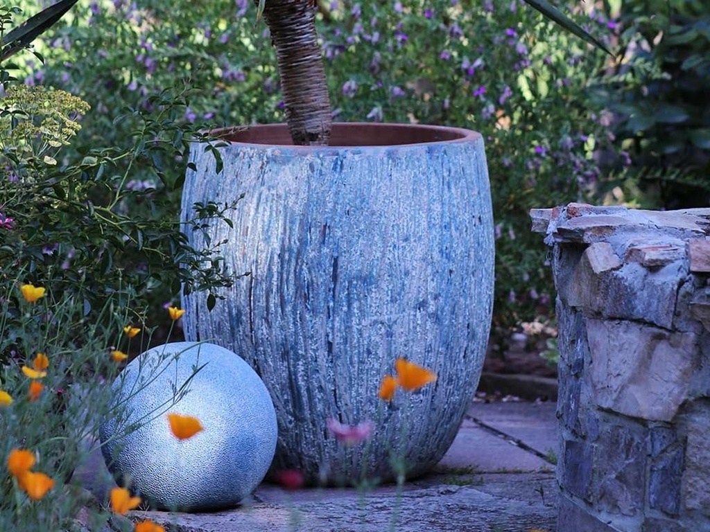 TREE TRUNK PLANTER, AEGEAN BLUE, SET OF 3- 22"X23.5", 17"X18.5", 12.5"X14"