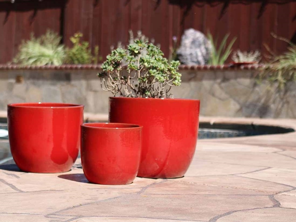 EGG SHELL POTS, LAVISH RED, SET OF 3 - 17.0" X 15.0", 14.0" X 12.5", 11.5" X 12.0"