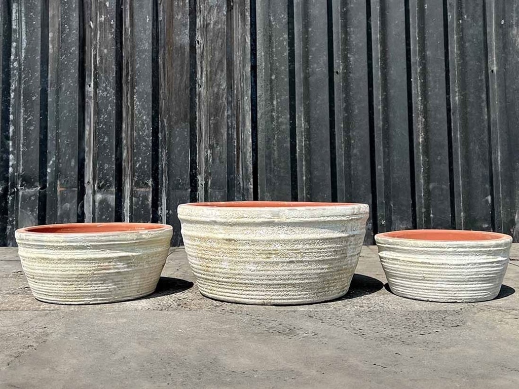 ENGLISH TUMBLED POTS LOW, AEGEAN WHITE, SET OF 3 - 15.0" X 7.0", 13.0" X 6.0", 10.0" X 4.5"