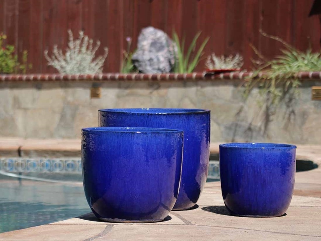 EGG SHELL POTS, FALLING BLUE, SET OF 3 - 17.0" X 15.0", 14.0" X 12.5", 11.5" X 12.0"
