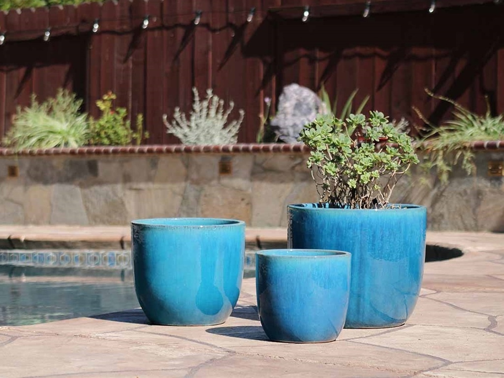 EGG SHELL POTS, FALLING AQUA, SET OF 3 - 17.0" X 15.0", 14.0" X 12.5", 11.5" X 12.0"
