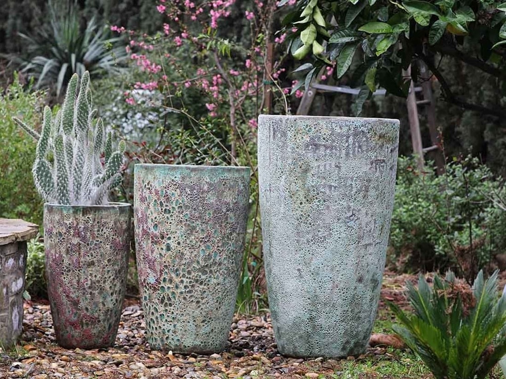 XLG TALL CONE PLANTER, CORAL GEM GREEN, SET OF 3- 22"X38", 17.5"X27", 13"X22.5"