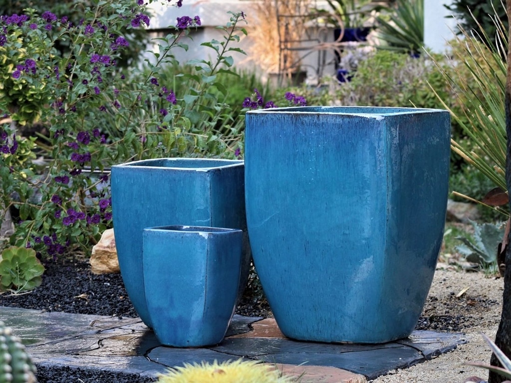 ROUND SQUARE POTS, FALLING AQUA, SET OF 3 - 16.5”X22.5”, 12.0”X17.0”, 8.0”X11.0”