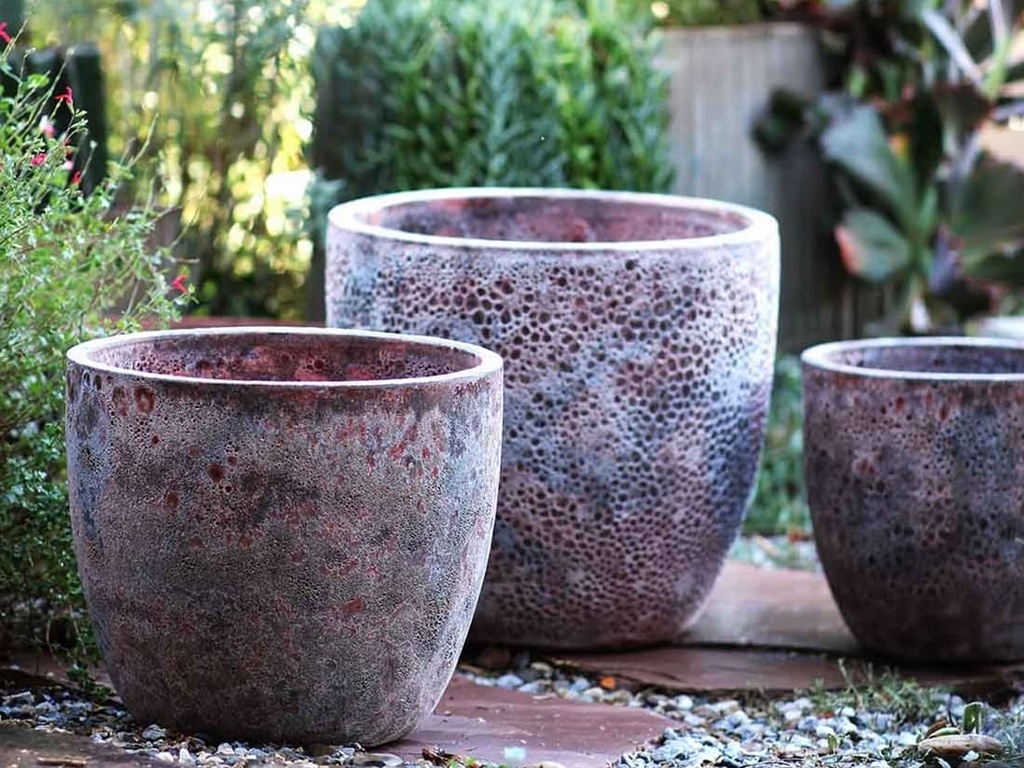 COCO POTS, CORAL RED REEF, SET OF 3-19"X17", 15'X13", 12"X11"