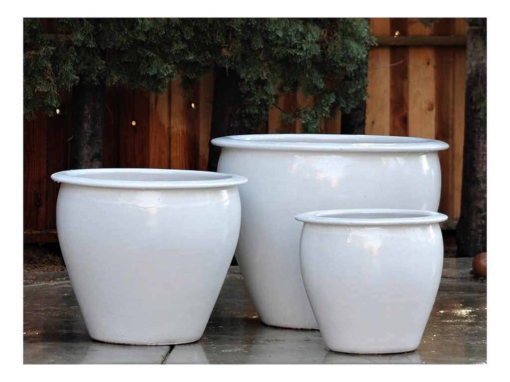 FISH BOWL NEW POTS, WHITE WHITE, SET OF 3- 30"X25", 23"X21", 17.5"X17"