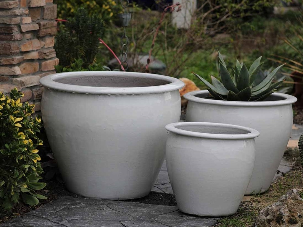 FISH BOWL NEW POTS, WHITE WHITE, SET OF 3- 30"X25", 23"X21", 17.5"X17"