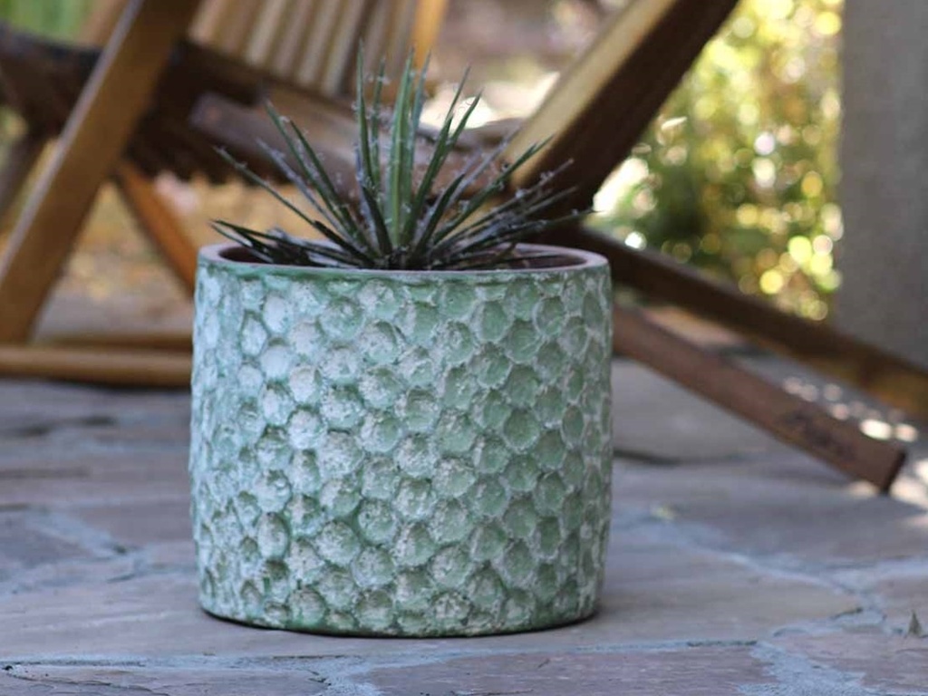 CYLINDER HEXAGON PLANTER, AEGEAN GREEN, SET OF 4- 12.5" X 10.5", 10.5" X 9.5", 9.5" X 8.0", 7.0" X 6.5"