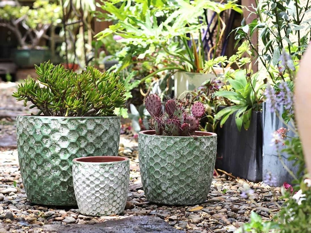 EGG HEXAGON HANDTHROWN, AEGEAN GREEN, SET OF 3- 15"X12.5", 11"X9.5", 7.5"X7"