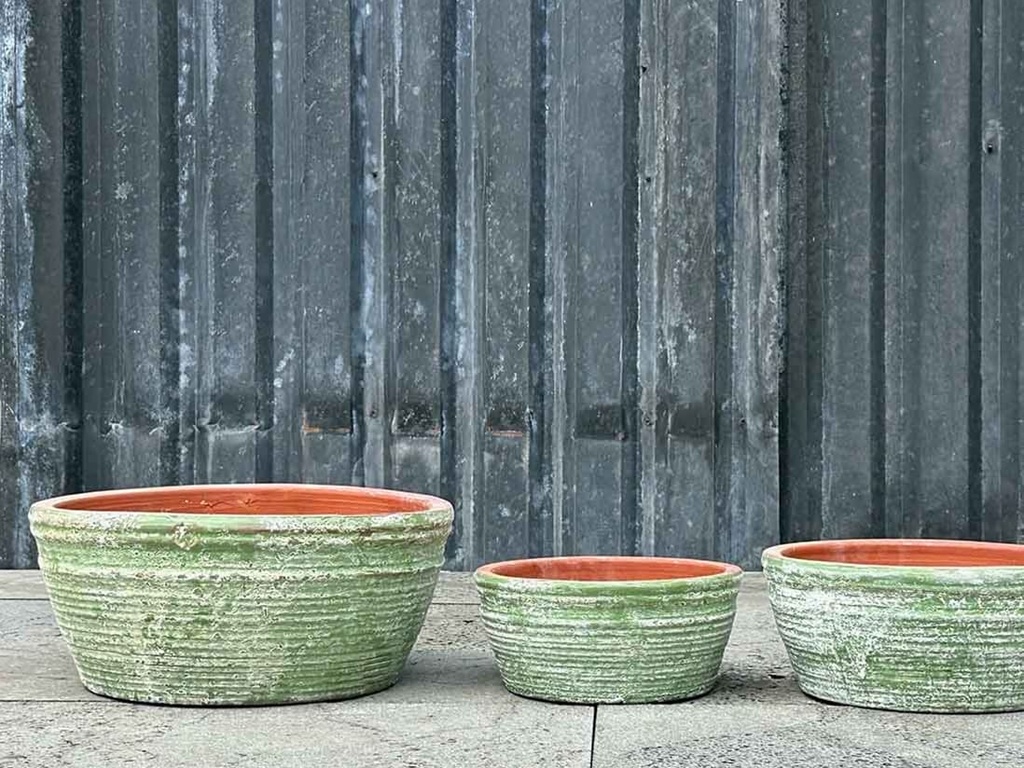 ENGLISH TUMBLED POTS LOW, AEGEAN GREEN, SET OF 3- 15.0" X 7.0", 13.0" X 6.0", 10.0" X 4.5"
