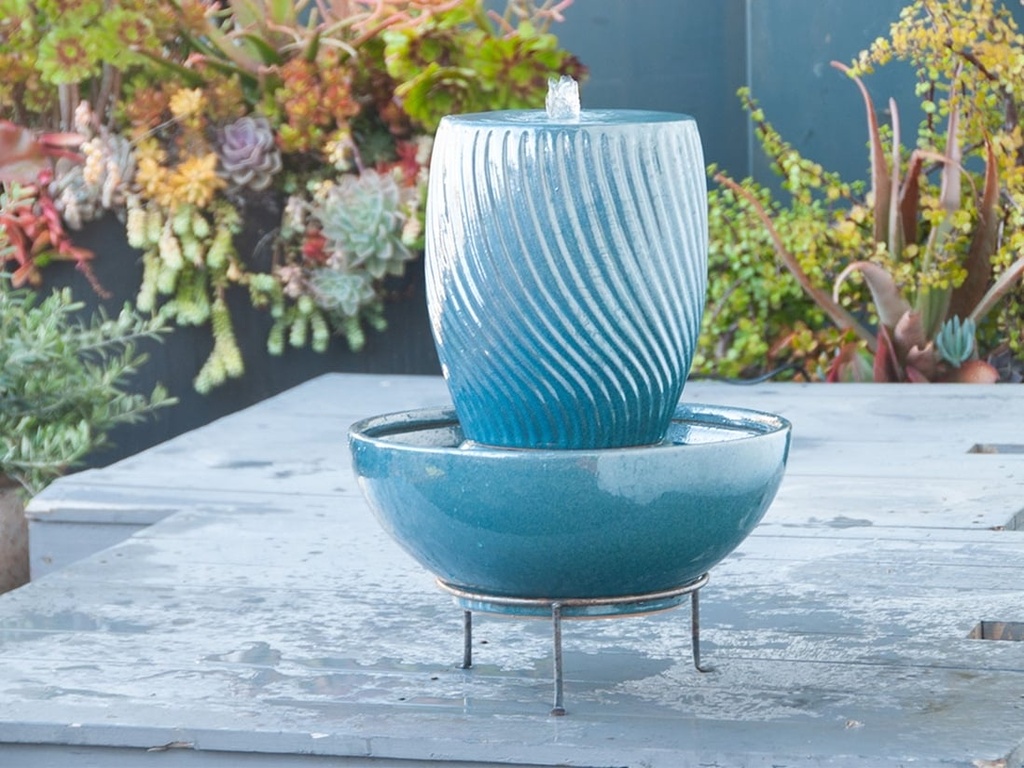 SUNSET TWIST JAR FOUNTAIN, MARINA GREEN, 10.5"x13" (Base 17.5"x7.5")