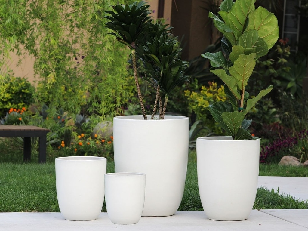 TALL MILANO CONE PLANTERS, WHITE SATIN, SET OF 4-21.5"X27.0", 17"X23", 13"X18", 11"X14