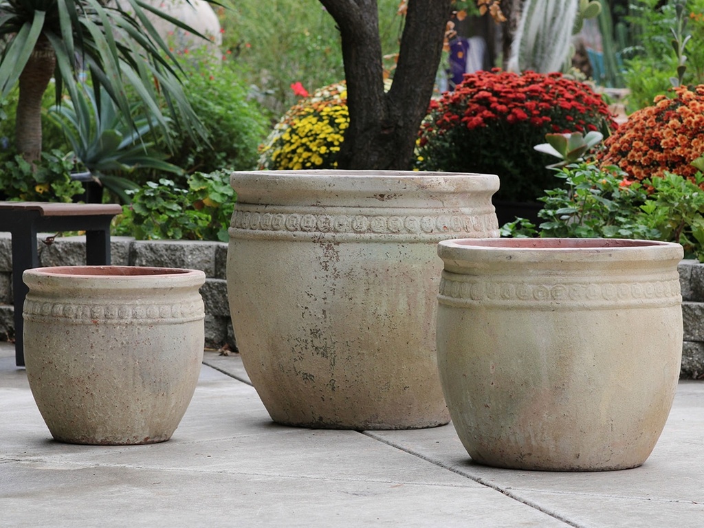 TUSCANSUN POT WITH DECOR, WHITE TERRA COTTA, 24.0"X22.0", 19.0"X19.0", 15.5'X15.0"