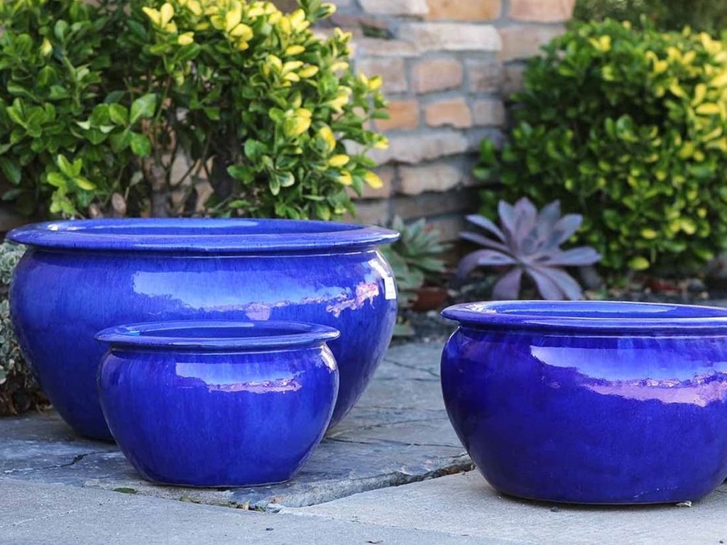 LOW JAR PLANTER, FALLING BLUE, SET OF 3 - 23" X 13", 17" X 10", 13" X 8.5"