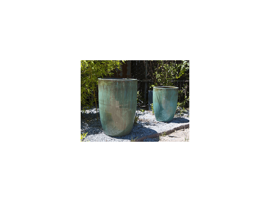 TALL BARREL PLANTERS, GREEN STREAM, SET OF 2 - 22"X32.5", 18"X26"