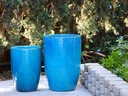 TALL BARREL  PLANTERS, FALLING AQUA, SET OF 2 - 22"X32.5", 18"X26"