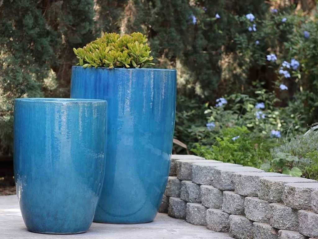 TALL BARREL  PLANTERS, FALLING AQUA, SET OF 2 - 22"X32.5", 18"X26"
