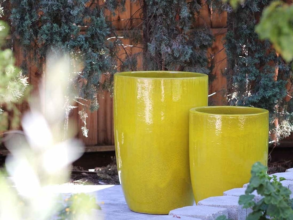TALL BARREL PLANTER, NO RIM, SET OF 2- CANARY YELLOW, 22"X32.5" 18"X26"