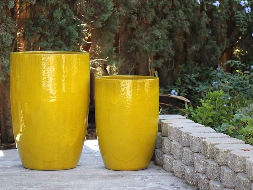 TALL BARREL PLANTER, NO RIM, SET OF 2- CANARY YELLOW, 22"X32.5" 18"X26"