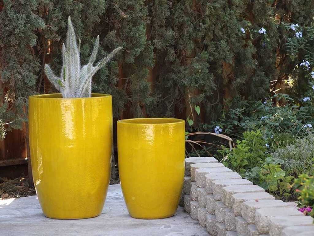 TALL BARREL PLANTER, NO RIM, SET OF 2- CANARY YELLOW, 22"X32.5" 18"X26"