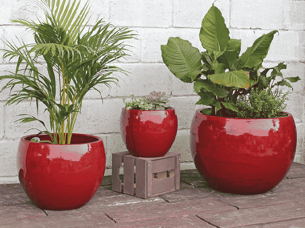 LOW MILANO PLANTER, LAVISH RED, SET OF 3-21.5" X 15.5", 16.0" X 12.0", 12.0" X 10.0"