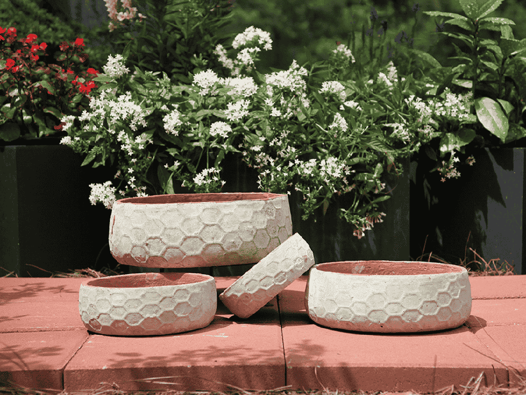TUSCAN VILLAGE HAND THROWN HEXAGON BOWLS, ATLANTIS SKY, SET OF 4 - 12.5" X 4.5", 10.0" X 3.5", 8.0" X 3.0", 6.5" X 2.5"