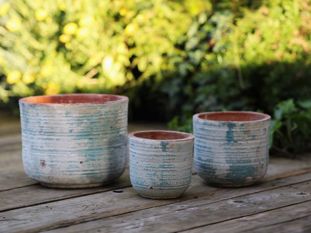 TUSCAN VILLAGE HAND THROWN ENGLISH TUMBLED POTS, ATLANTIS SKY, SET OF 3 - 9.0" X 8.0", 7.0" X 6.0", 6.0" X 5.0"
