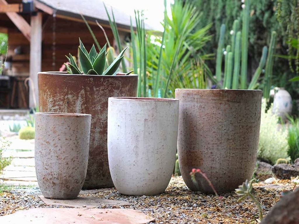 MILANO TALL BARREL PLANTERS, HEIRLOOM WHITE, SET OF 4 -23.0"X26.5", 18.5" X 23.0", 14.5" X 19.0", 11.0" X 17.0"