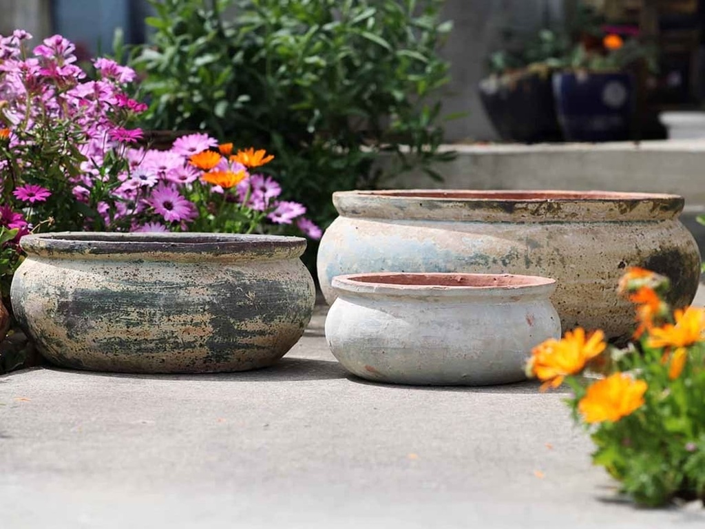 ROUNDED RIM LOW PARCO PLANTER, ATLANTIS SKY, SET OF 3 - 20.5" X 8.5", 15.0" X 7.0", 11.0" X 4.5"