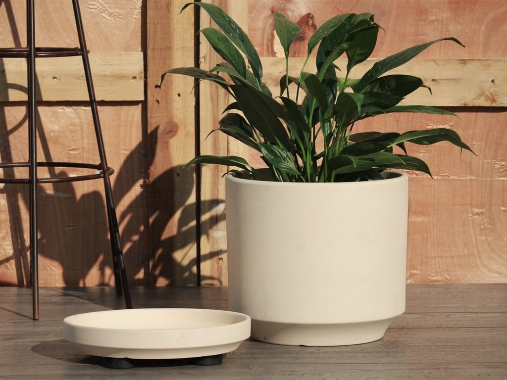 MID MODERN PLANTER WITH DETACHED SAUCER, IVORY CLAY, 14.0"X12.0", 14.0"X2.5"
