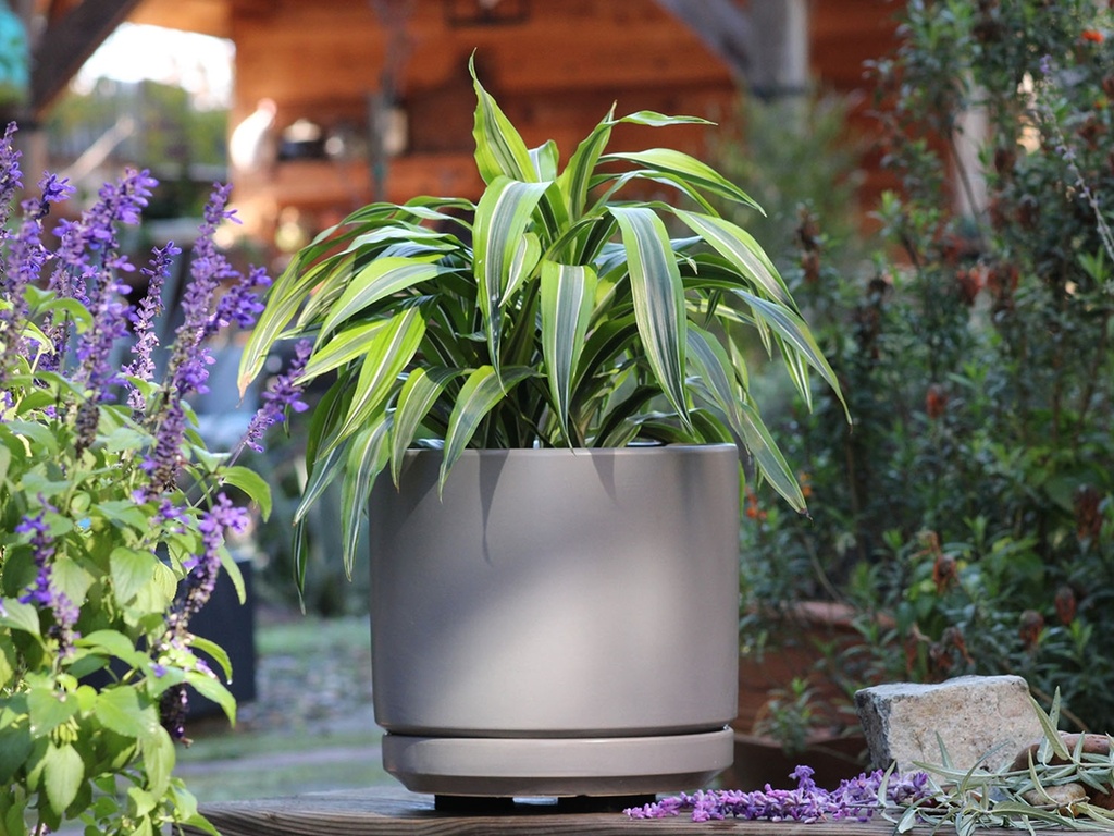 MID MODERN PLANTER WITH DETACHED SAUCER, HEATHER GREY, 10.0"X9.0", 10.0"X2.0"