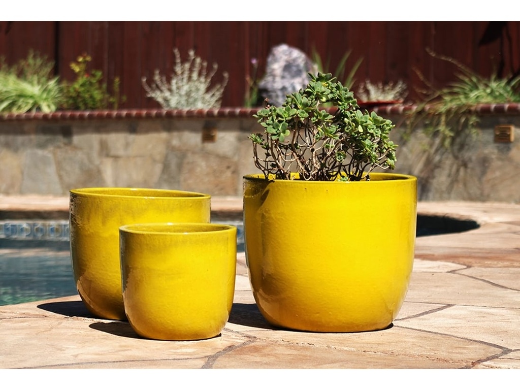 EGG SHELL POTS, CANARY YELLOW, SET OF 4 - 22.5" X 18.0", 17.5" X 15.0", 14.0" X 12.0", 11.5" X 12.0"