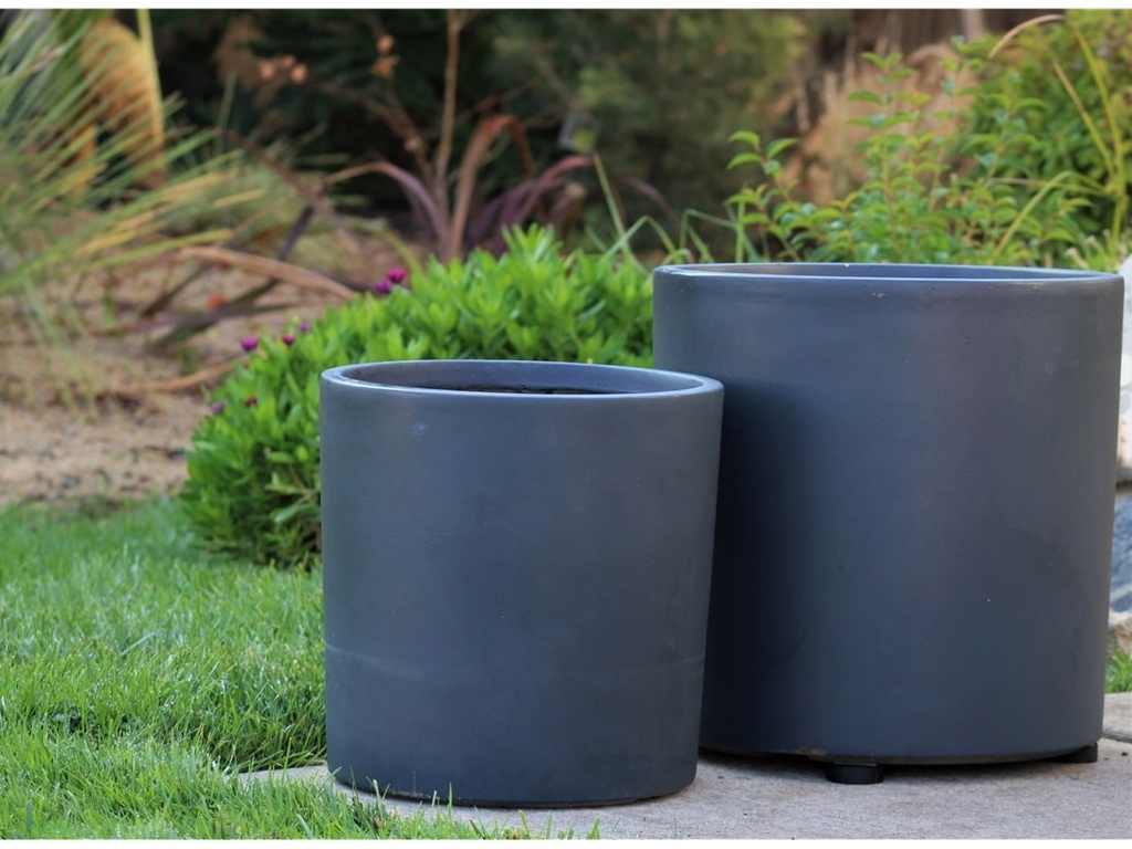 [FC-0118DGY-S3] FIBER STONE CYLINDRICAL PLANTERS, DARK GREY, SET OF 3- 15.5"X15.5", 13.0"X13.0", 10.0"X10.0"