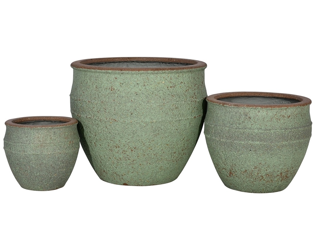 BASIN PLANTERS, GREEN LIME STONE, SET OF 3- 21.0"X17.5", 16.0"X13.0", 11.0"X9.5"