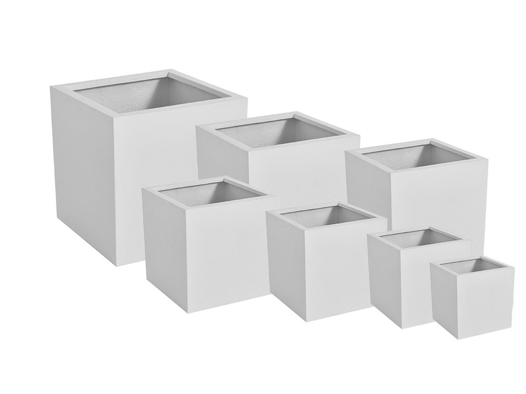 [FG-0125WHI-S4] CUBE PLANTER WHITE POLY FIBER, SET OF 4- 23.5"x23.5", 19.5"x19.5", 15.5"x15.5", 12"x12"