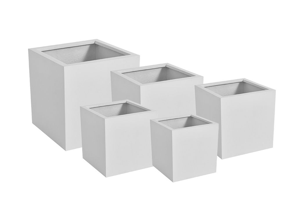CUBE PLANTER WHITE POLY  FIBER, SET OF 5- 27.5"x27.5", 23.5"x23.5", 19.5"x19.5", 15.5"x15.5", 12"x12"