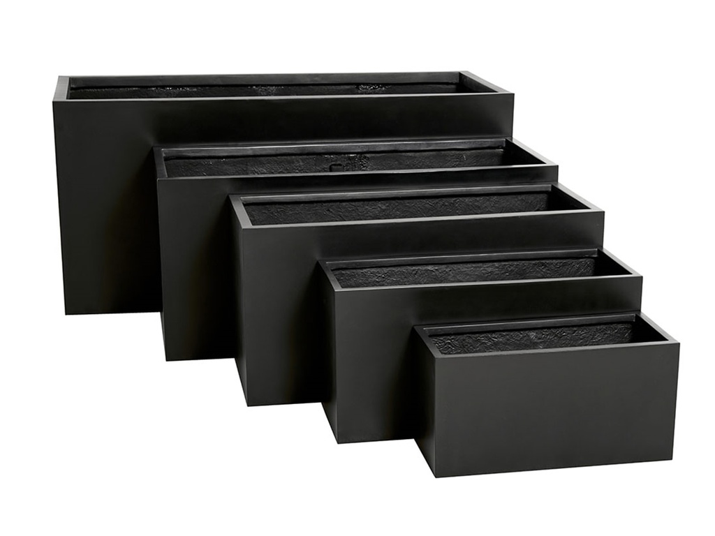 [FG-0127BLK-S5] RECTANGULAR BOX PLANTER BLACK POLY FIBERS, SET OF 5- 59"x24.5"x27.5", 47"x19.5"x21.5", 39.5"x15.5"x19.5", 31.5"x12"x15.5" ,23.5"x10"x12"