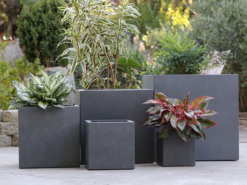 CUBE PLANTER, ECOSTONE GREY, SET OF 5-23.5"x23.5"x23.5", 19.5"x19.5"x19.5", 15.5"x15.5"x15.5", 12"x12"x12", 10"x10"x10"