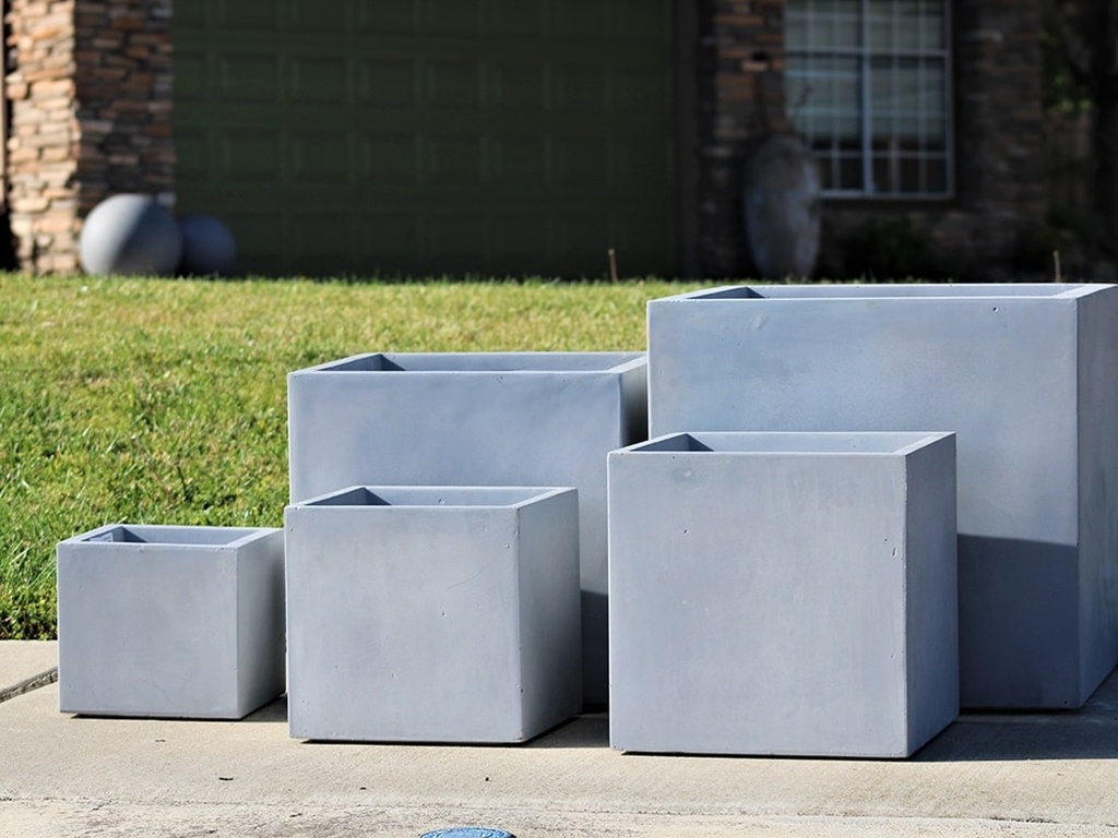 LARGE CUBE PLANTER, CEMENT LIGHT, SET OF 5-21.5"x20.5", 17.5"x17", 14"x14", 12"x11.5", 9.5"x8.5"